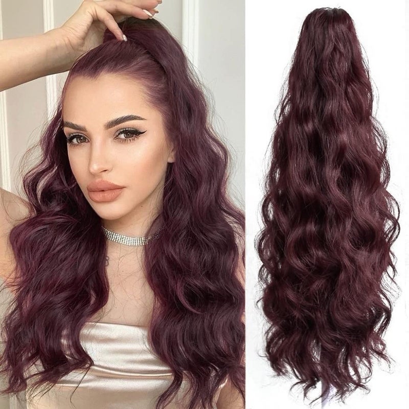 StrRid Ponytail Extension Wavy Claw Clip in Extensions 22 Long Curly Clips on Ponytails for Women Fluffy Pony Tail Fake Hair Natural Hairpieces for Wedding Party Daily Use 6 Oz Burgundy